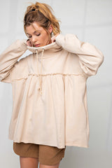 Beige Frill Exposed Seam Cowl Neck Oversized Sweatshirt