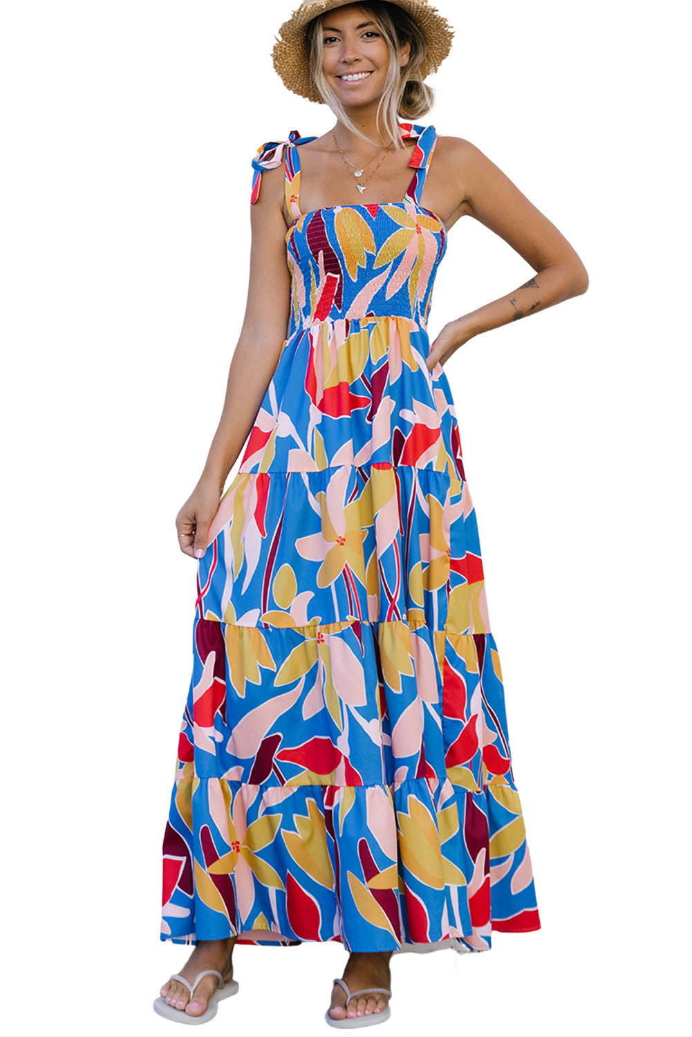 Orange Boho Print Tie Straps Smocked Maxi Dress