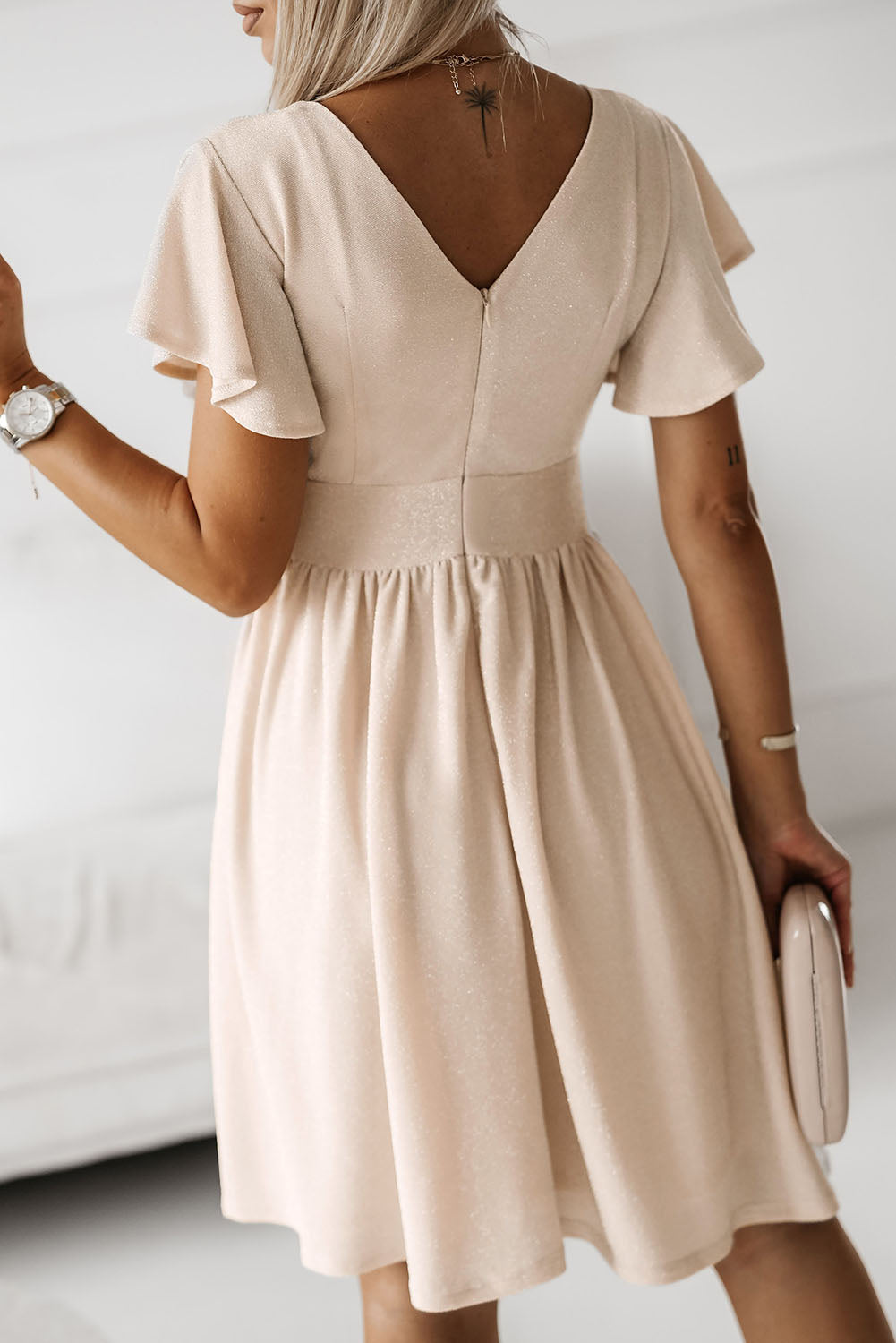 Khaki V Neck Wrap Ruched Flowy Midi Dress