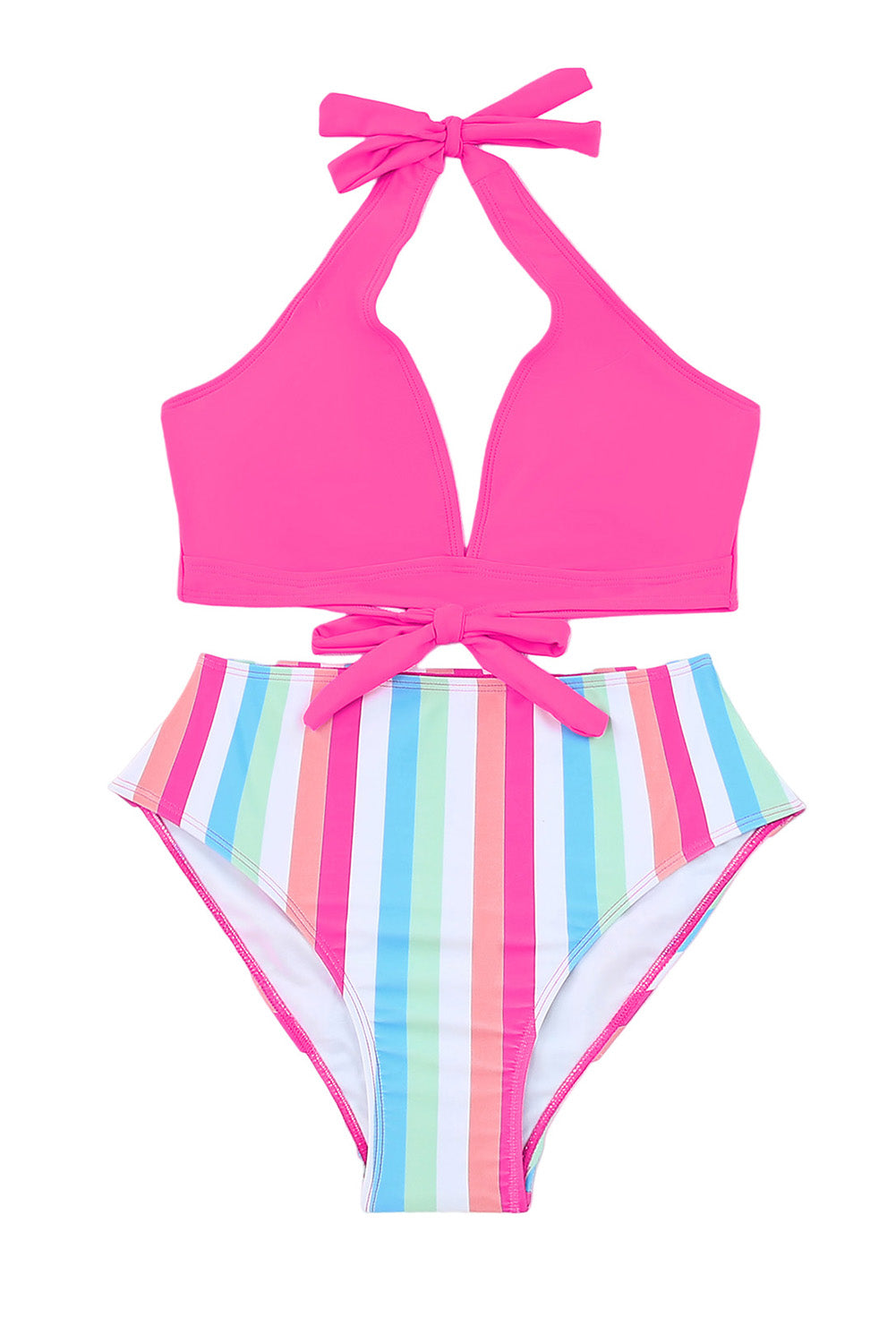 Rose Halter Striped Backless Self-Tie Bikini Swimsuit