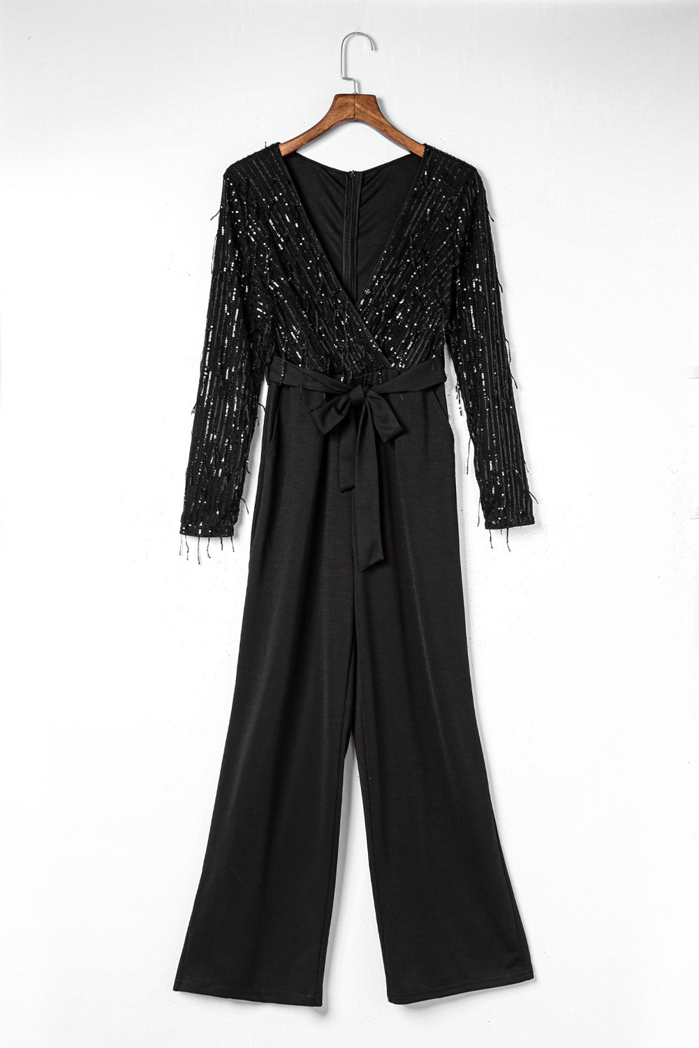 Black Sequin Fringes V Neck Long Sleeve Jumpsuit