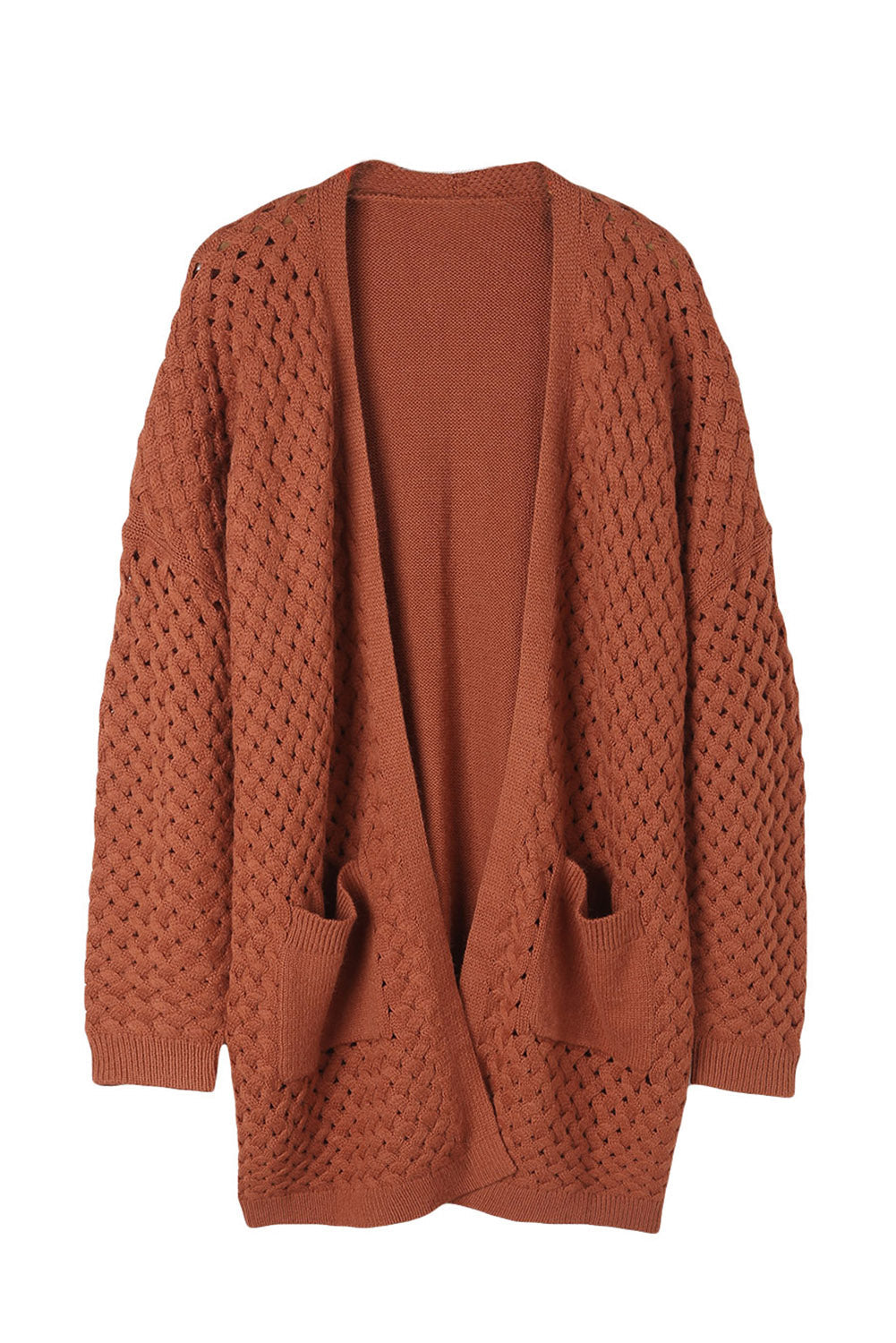 Brown Open Front Woven Texture Knitted Cardigan with Pockets