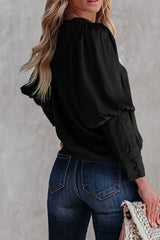 Black Satin Buttoned Cuffs Puff Sleeve Top