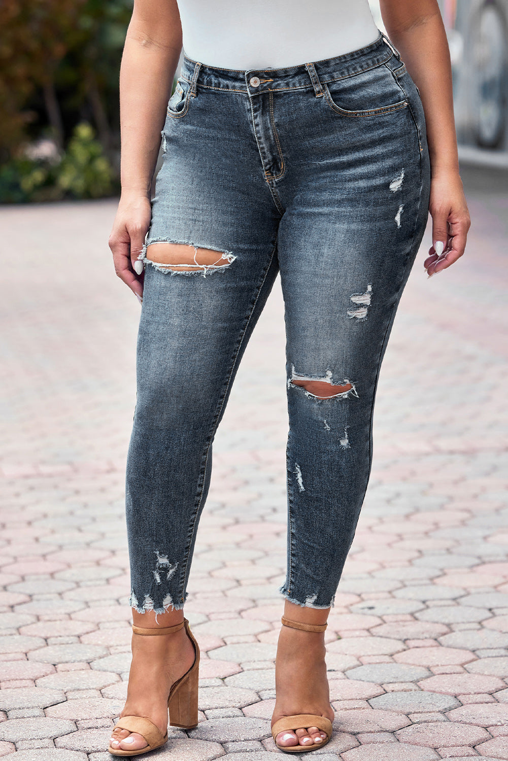 Blue Plus Size Distressed Ankle Length Skinny Jeans