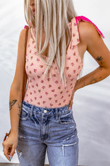 Pink Floral Print Knotted U Neck Sleeveless Bodysuit