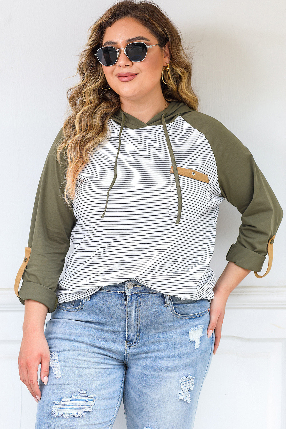 Green Striped Raglan Sleeve Buttoned Pocket Plus Size Hoodie