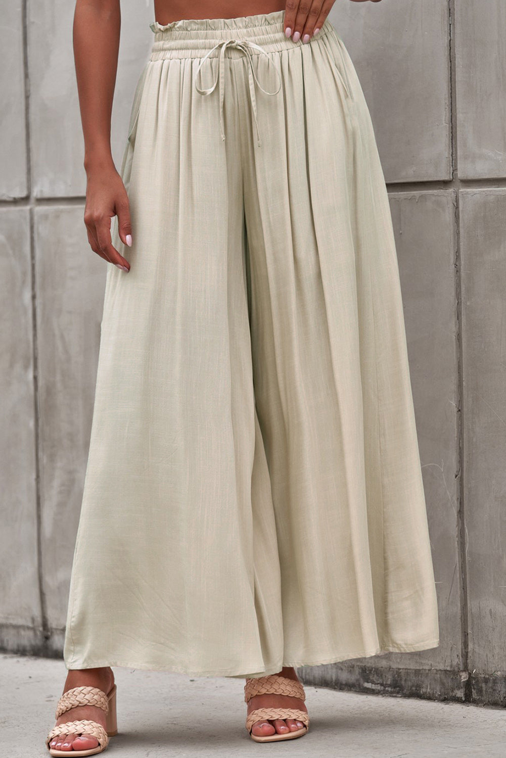 Beige Drawstring Smocked High Waist Wide Leg Pants