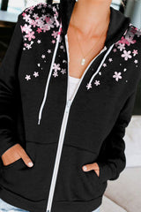 Black Cherry Blossoms Print Pocketed Zipped Hooded Coat