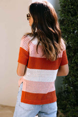 Brown Crochet Knit Colorblock Stripe Top