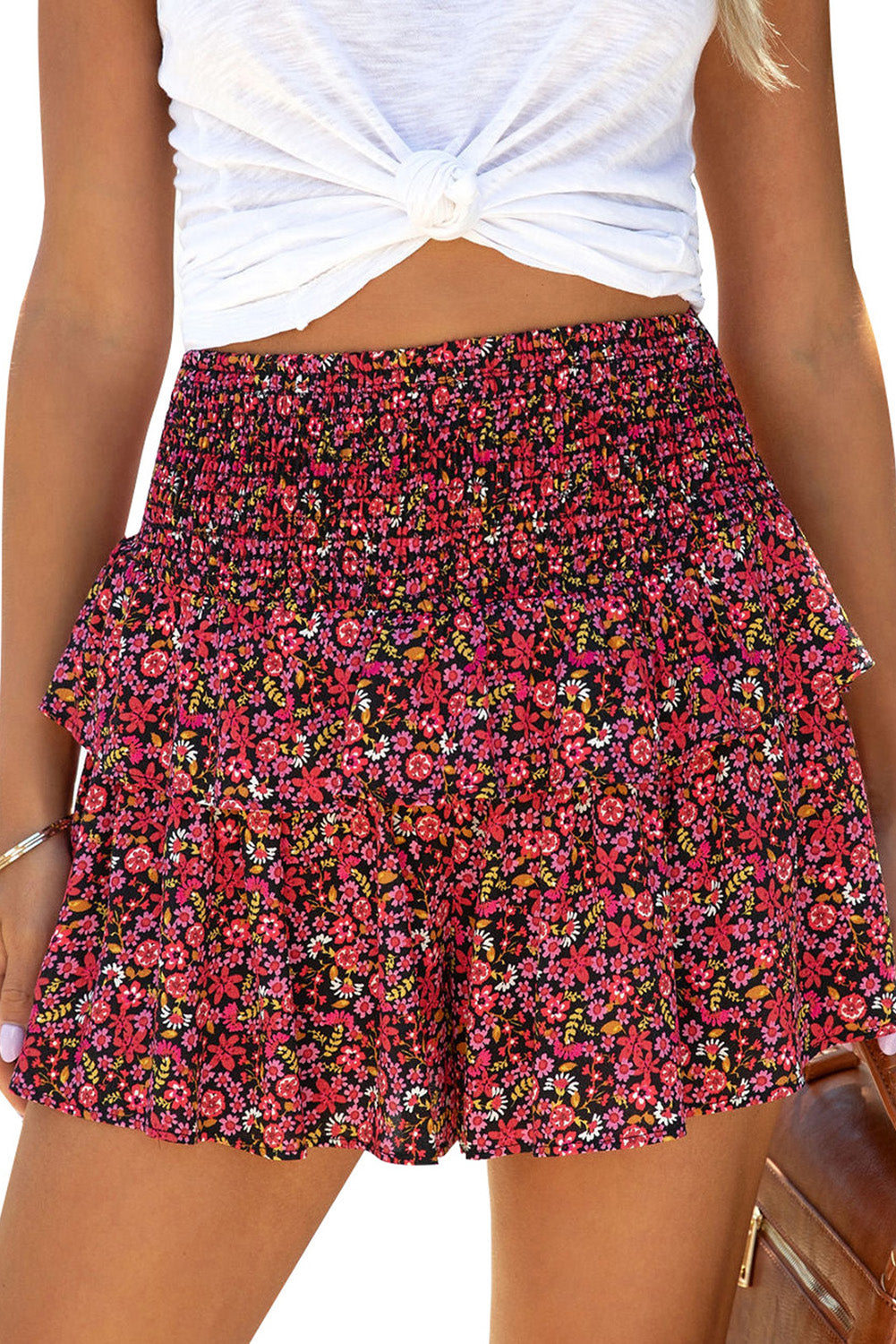 Red Floral Print Smocked Waist Shorts