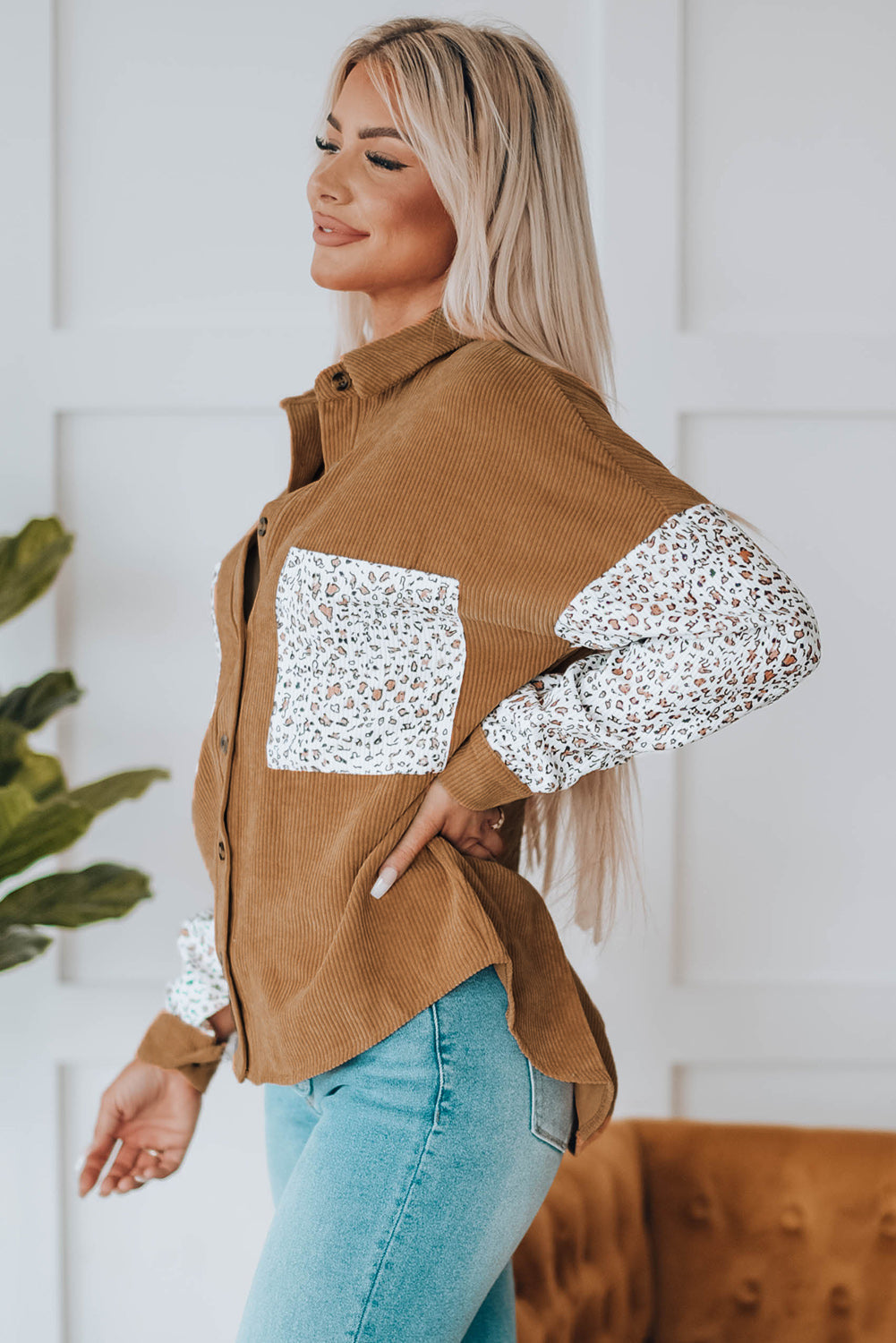 Gray Leopard Patchwork Corduroy Buttoned Shirt Jacket