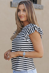 White Stripe Print Tiered Ruffled Sleeve Tee