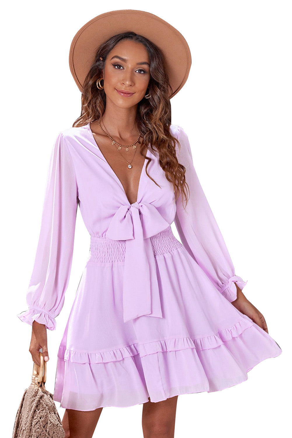 Amicgp V Neck Lantern Sleeve Knotted Tiered Mini Dress