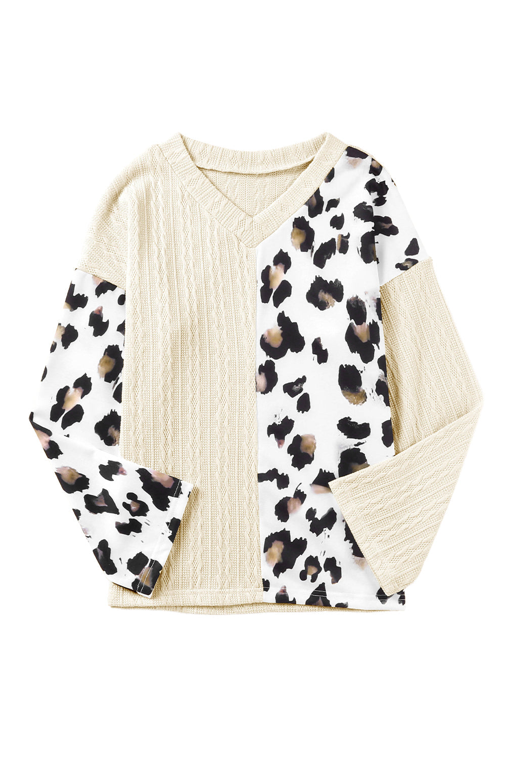 Khaki Asymmetric Leopard Patchwork Wide Sleeve V Neck Sweater