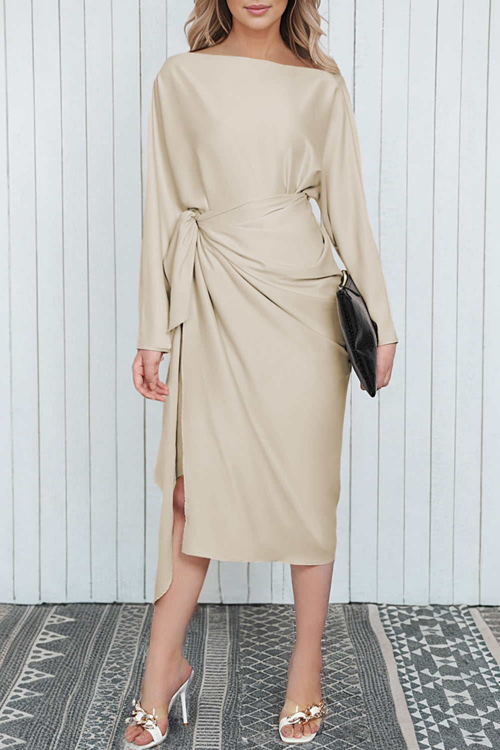 Black Satin Wrap Tie Side Boat Neck Long Sleeve Dress