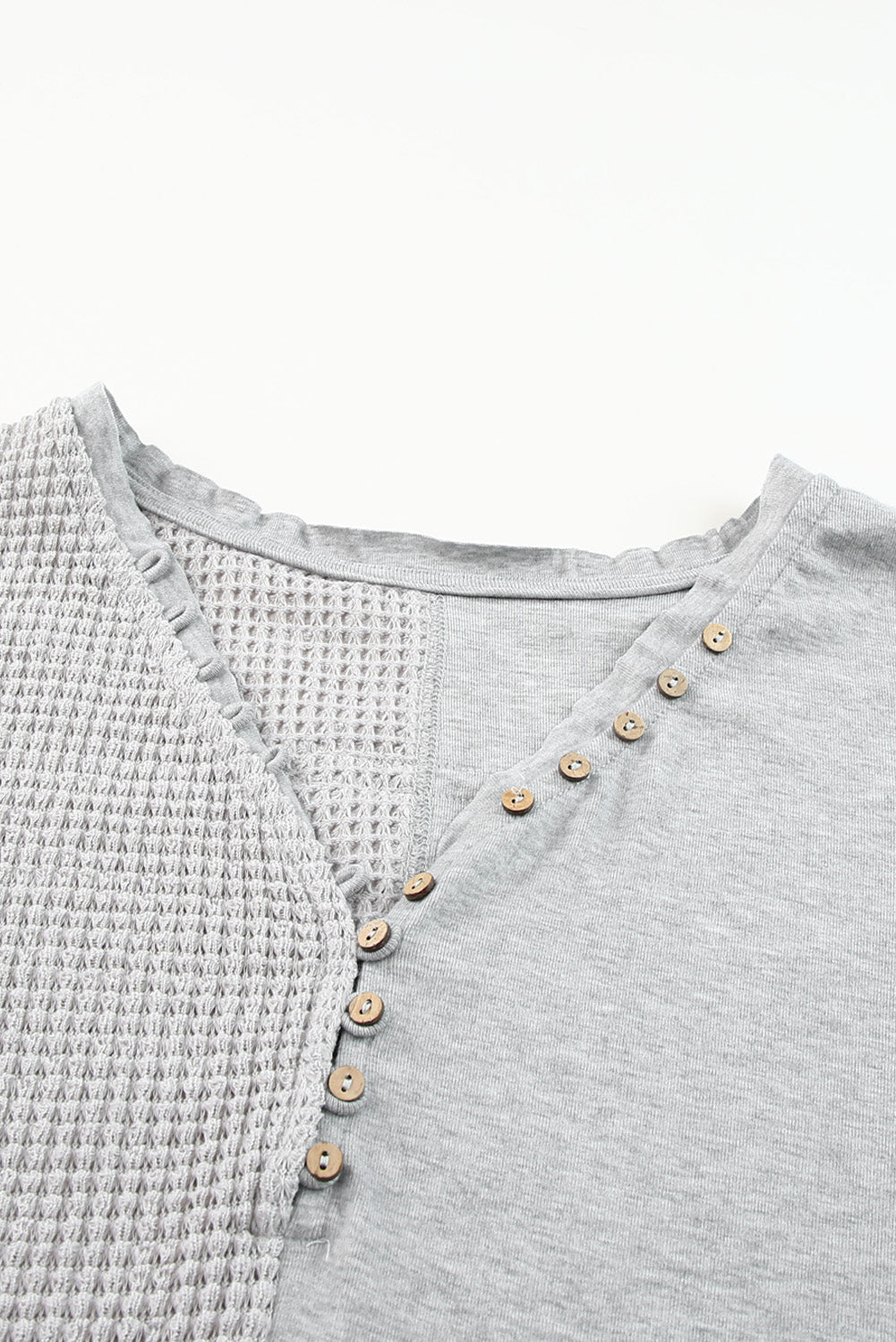 Gray Waffle Knit Patchwork Buttoned Short Sleeve Top