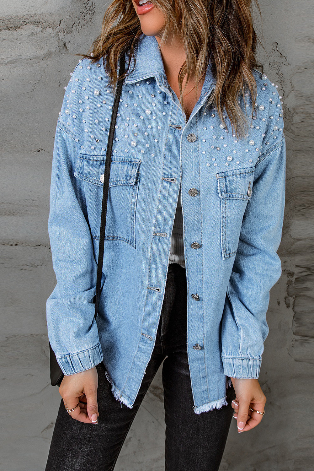 Sky Blue Rhinestone Pearls Denim Shacket