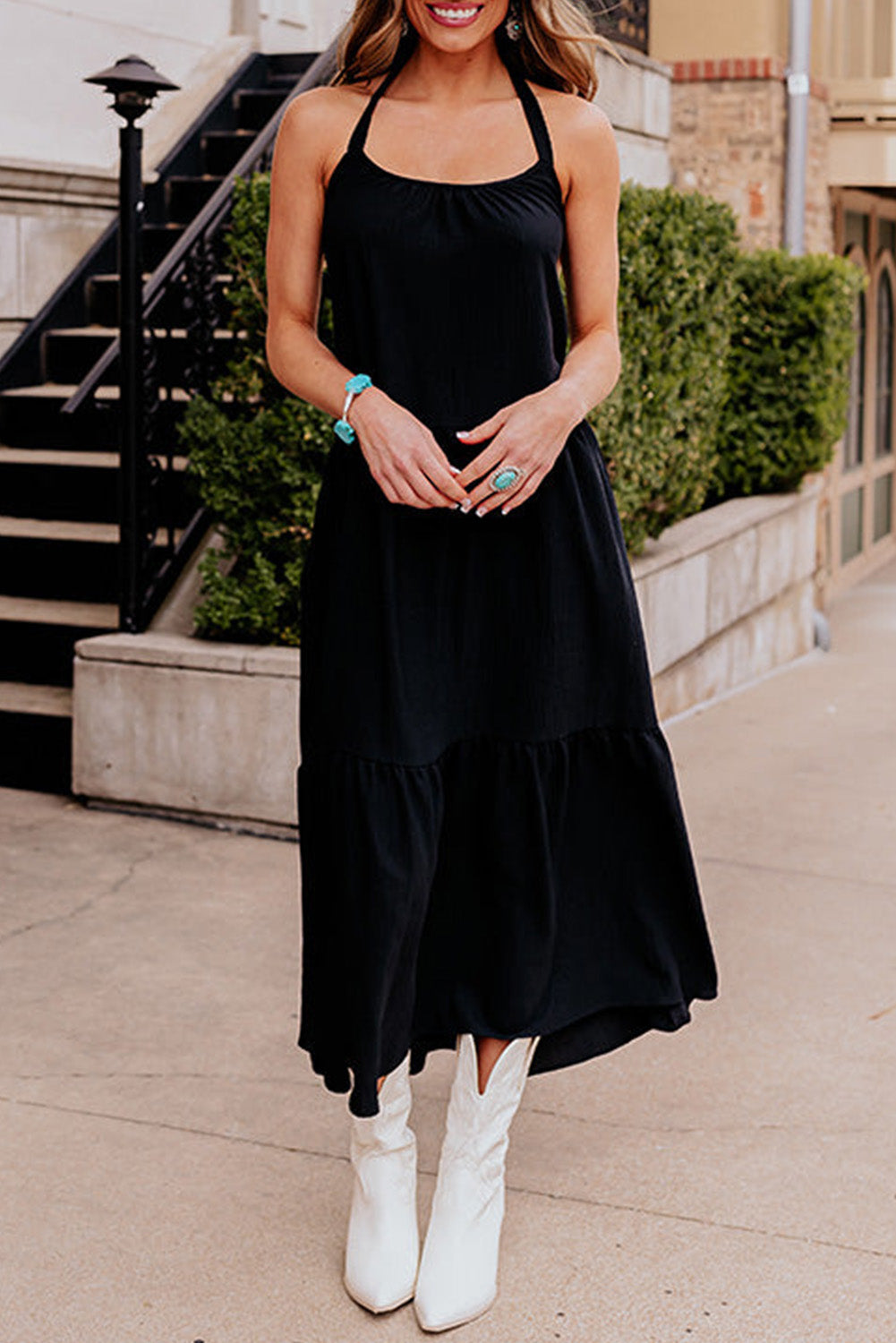 Black Halter Neck Backless Midi Dress