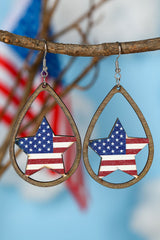 Red American Flag Heart Shape Hollowed Wood Drop Earrings