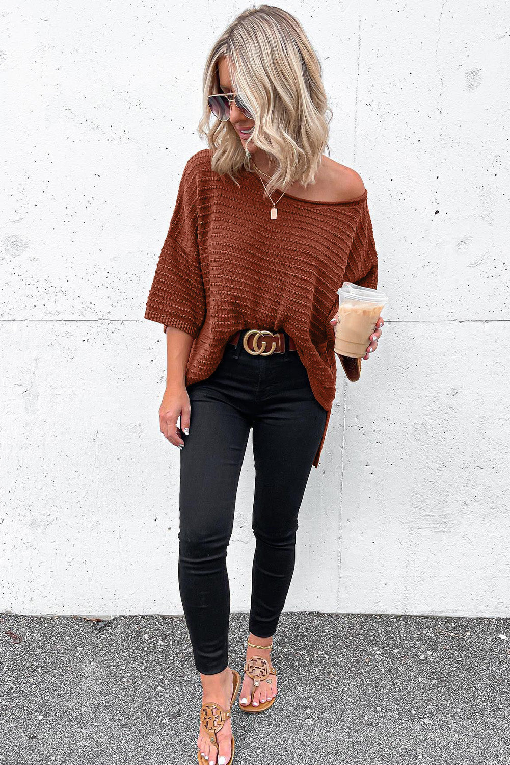 Apricot Textured Knit Drop Shoulder Tee