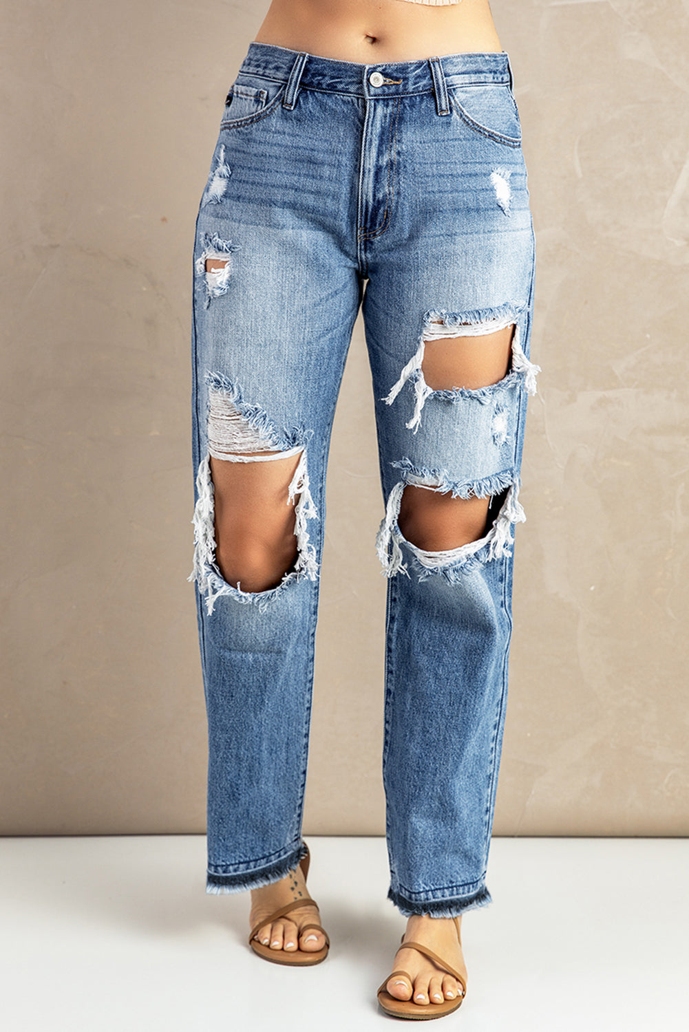 Sky Blue Distressed Holes Hollow-out Boyfriend Jeans