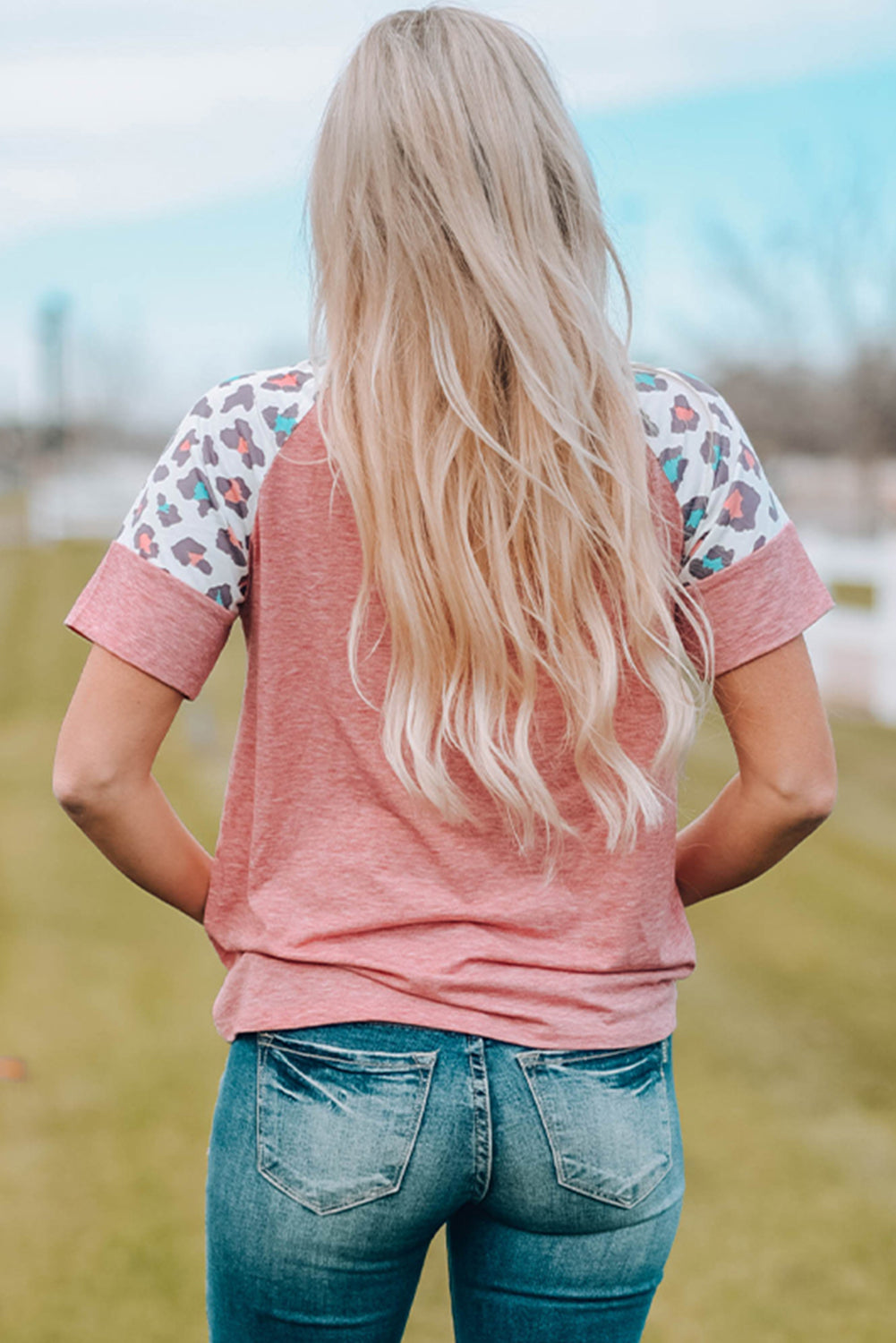 Pink Lace up Leopard Sleeve T Shirt