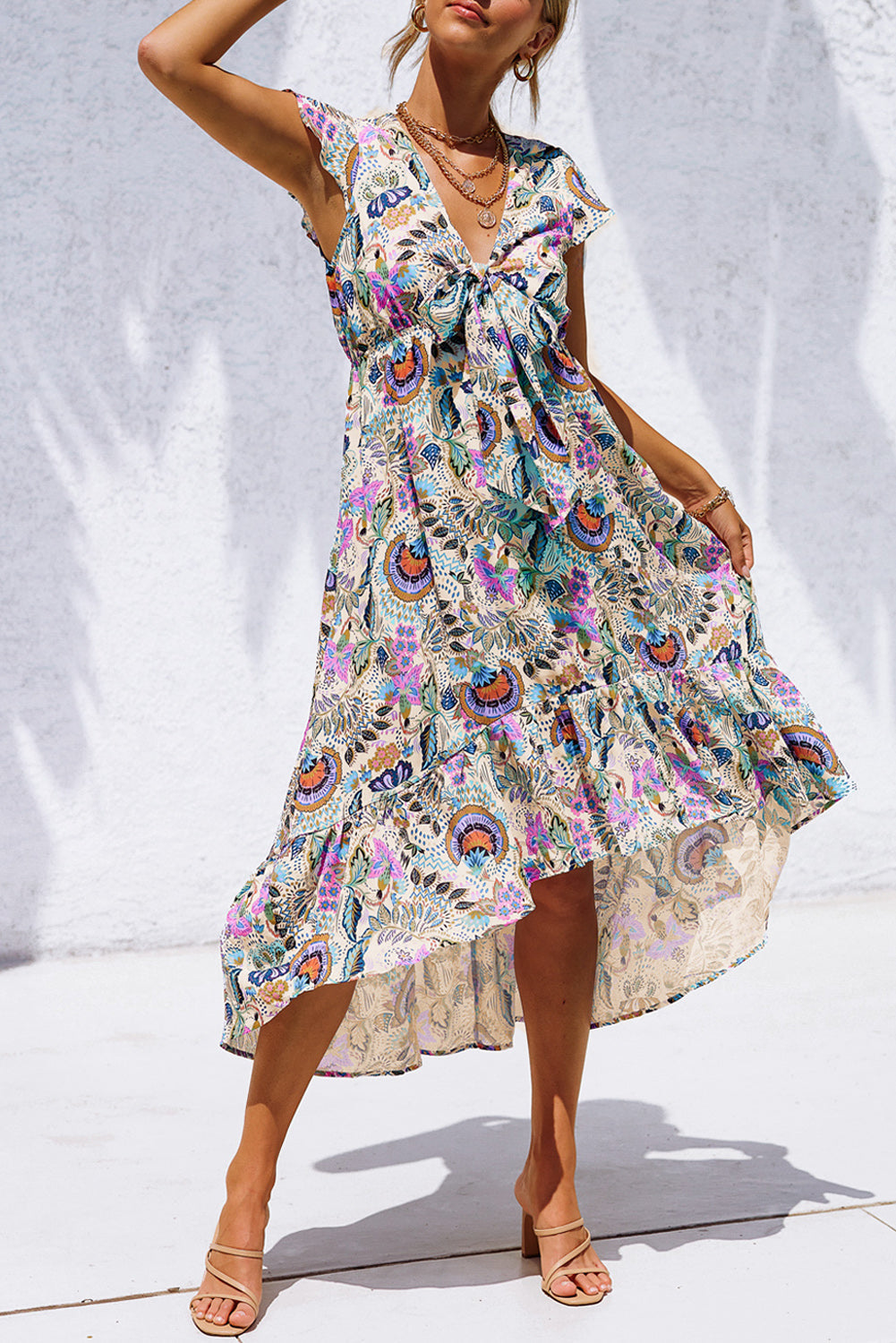 Multicolor Boho Floral Print Self-tie High Waist Long Dress