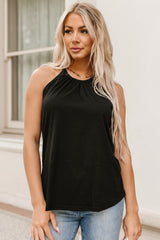 Black Pleated Round Neck Loose Sleeveless Top
