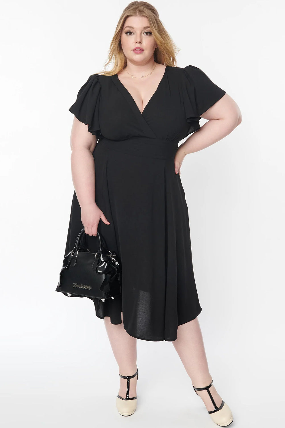 Black Plus Size Flutter Sleeve V Neck Midi Dress