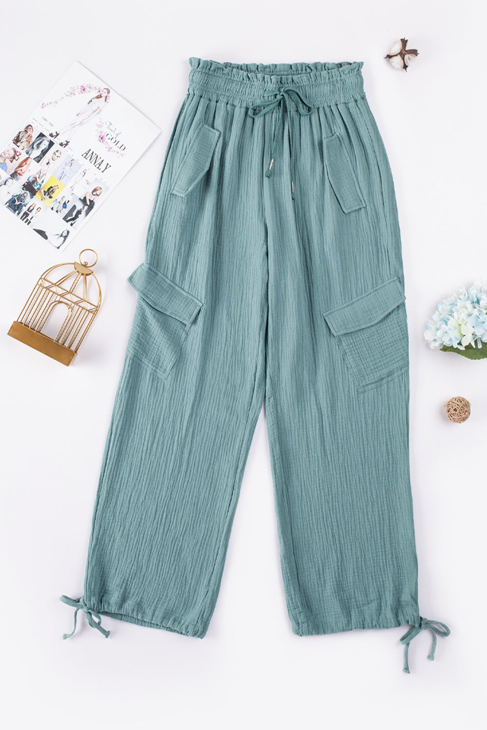 Green Frill Drawstring Waist Crinkle Cargo Pants