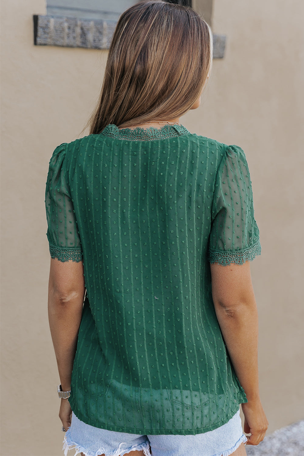 Green Lace Splicing V-Neck Swiss Dot Short Sleeve Top