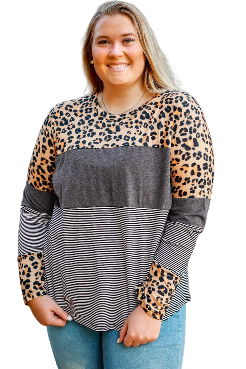 Leopard Plus Size Cow/Leopard Stripes Patchwork Long Sleeve Tee