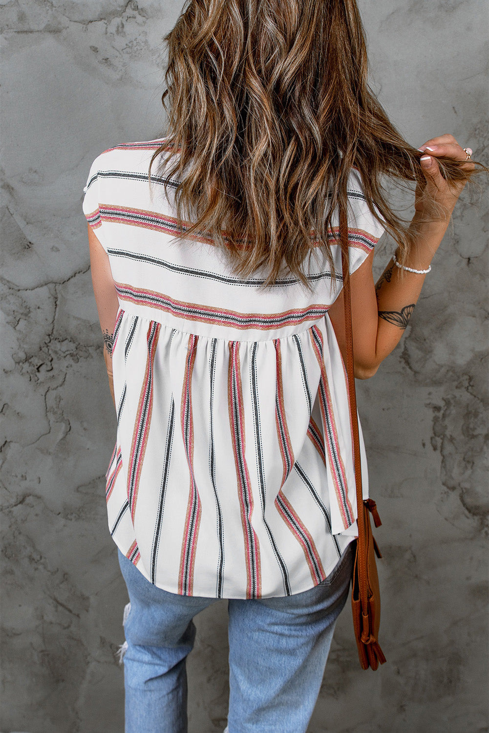 White Striped Print Loose V Neck Short Sleeve Top