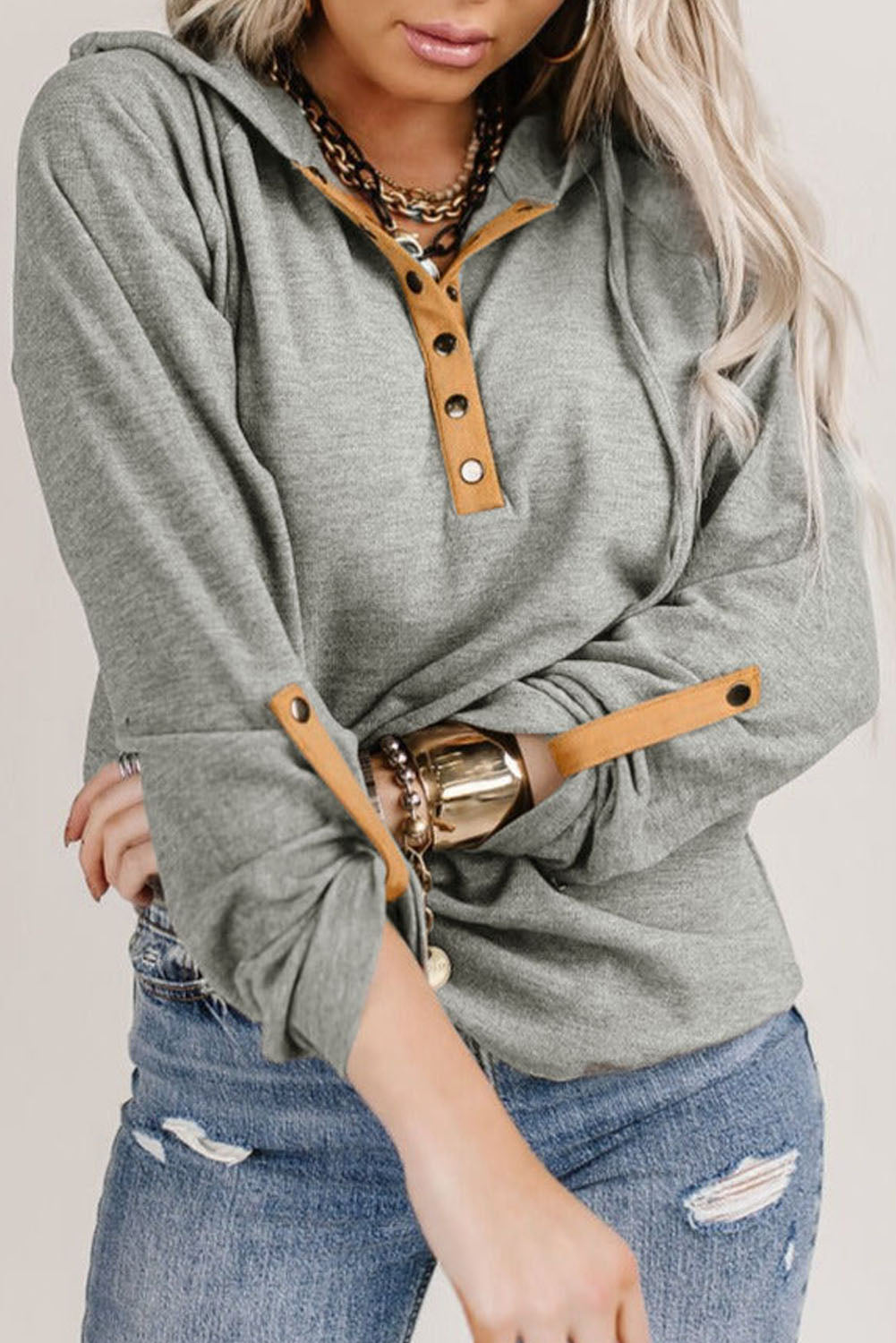Gray Quarter Buttoned Drawstring Pullover Hoodie