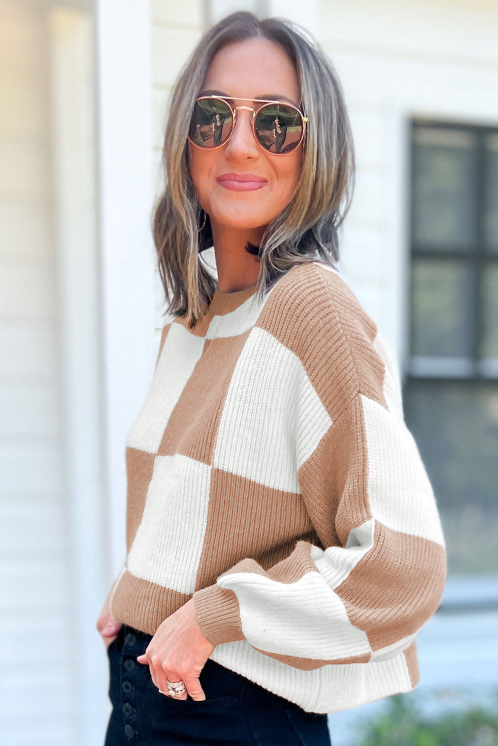 Checkered Ribbed Knit Puff Sleeve Sweater