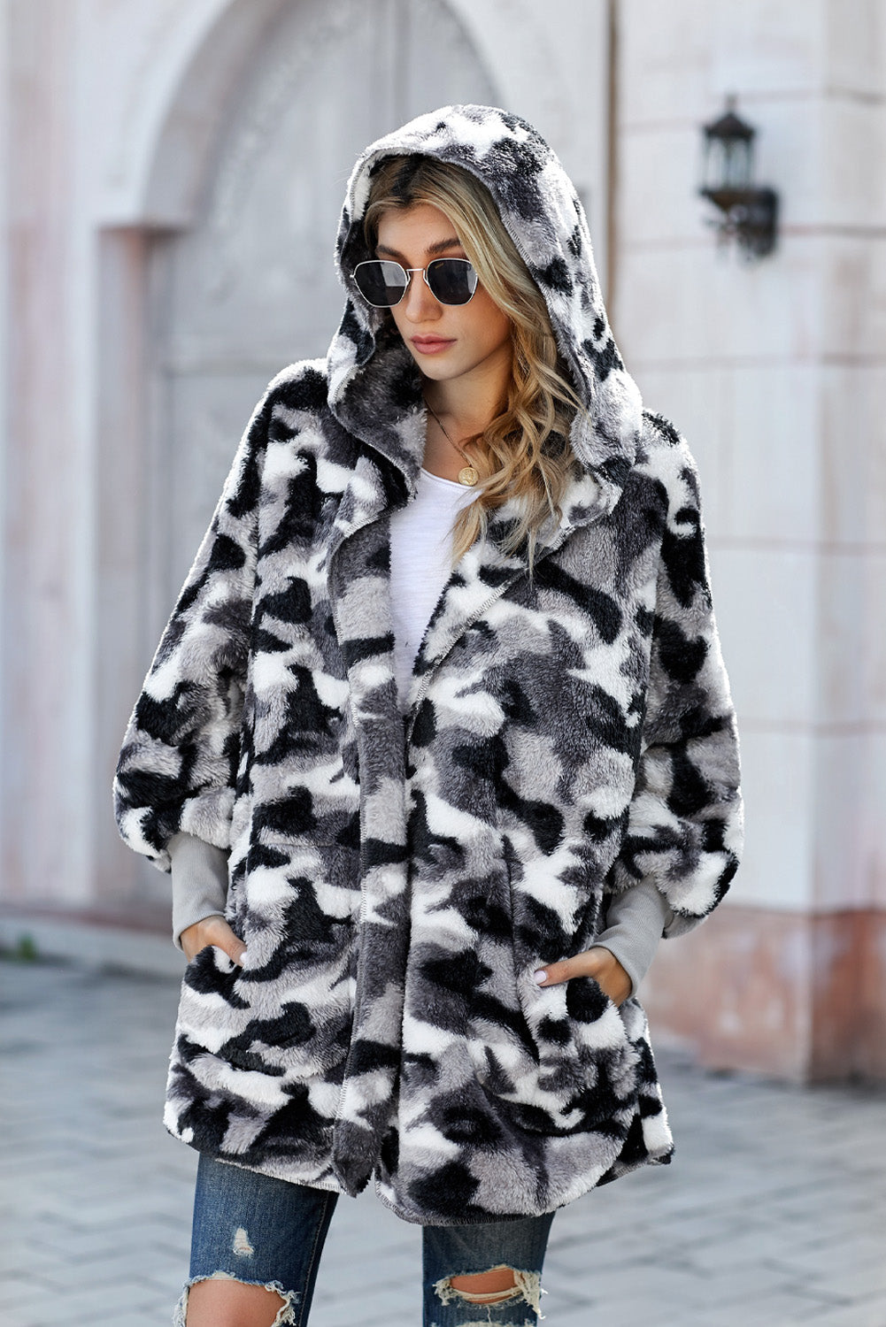 Gray Camo Print Soft Fleece Hooded Open Front Coat