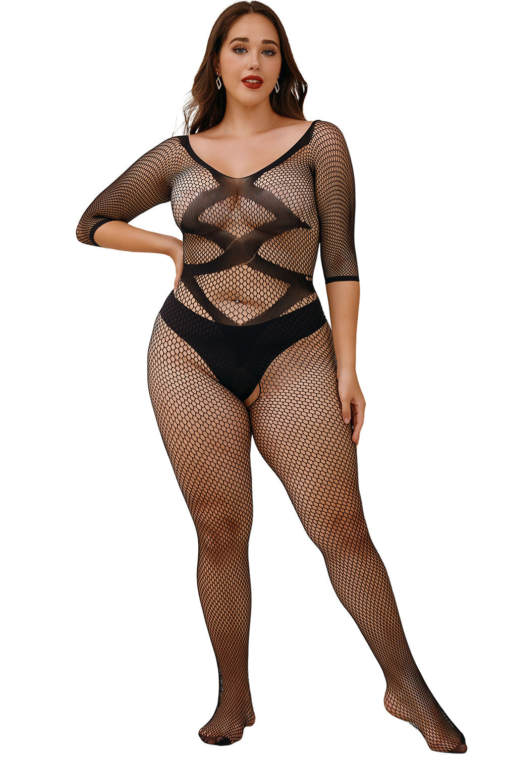 Black Plus Size Fishnet Short Sleeve Crotchless Bodystockings