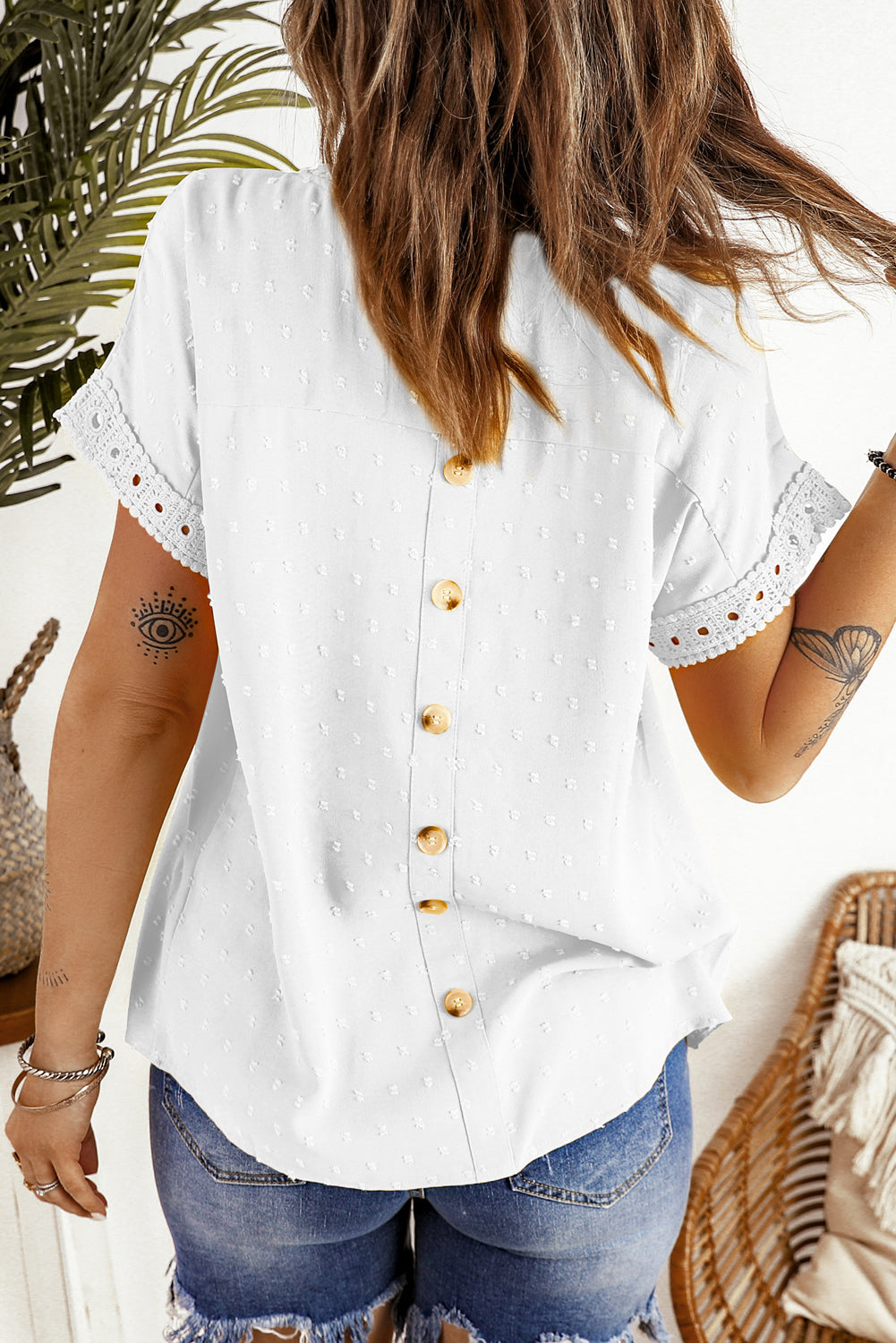 Apricot Swiss Dot Lace Splicing Short Sleeve Top