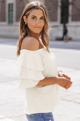 Apricot Tiered Ruffled Half Sleeve Off Shoulder Blouse