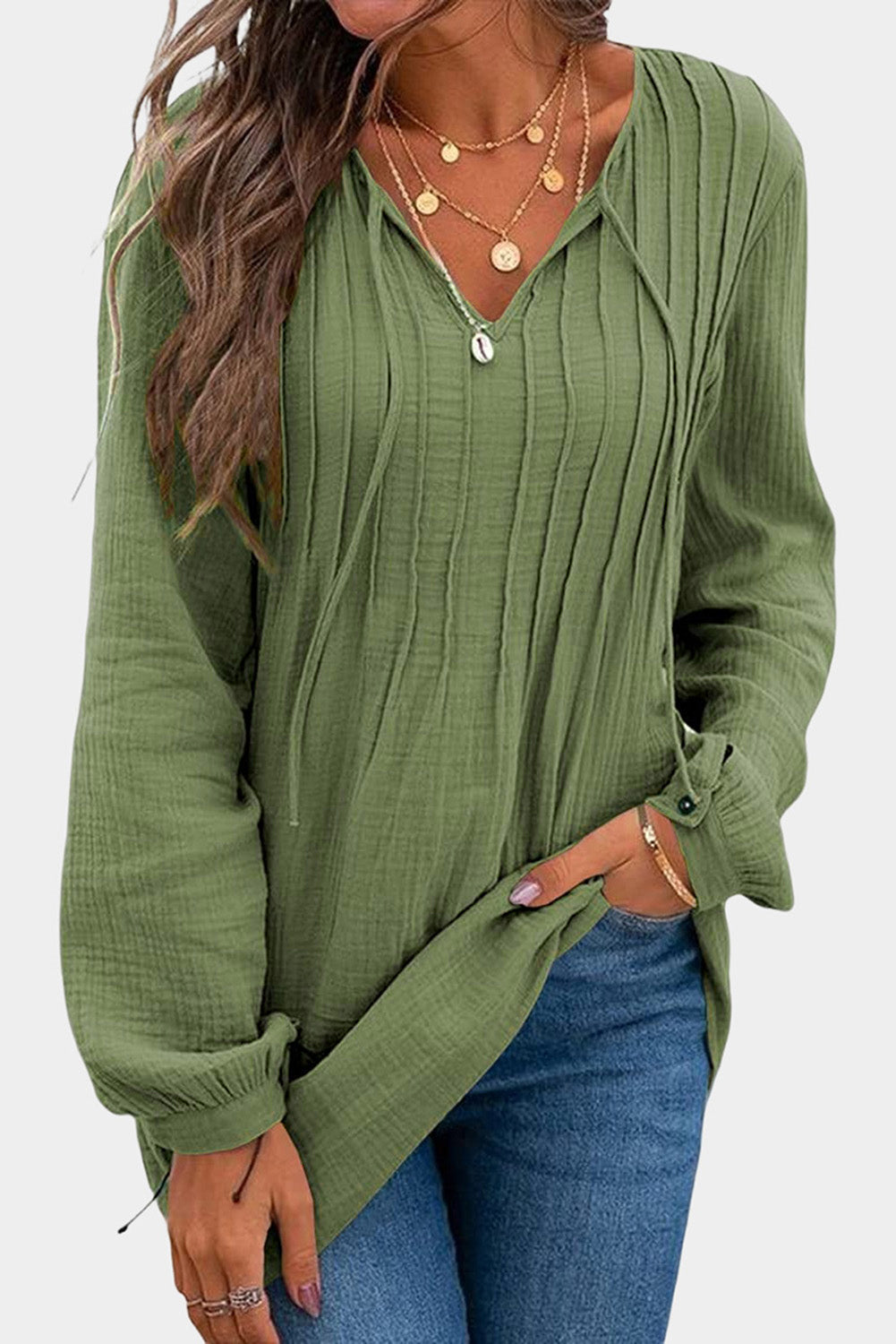 Khaki Casual Pleated V Neck Textured Loose Top