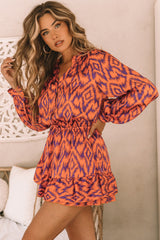 Orange Aztec Bubble Sleeve High Waist Romper