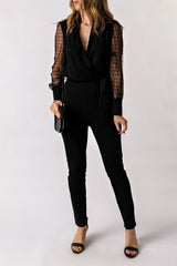 Black Mesh Contrast V Neck Wrap Long Sleeve Jumpsuit