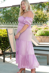 Purple Ruffled Smocked Off Shoulder Plus Size Maxi Dress