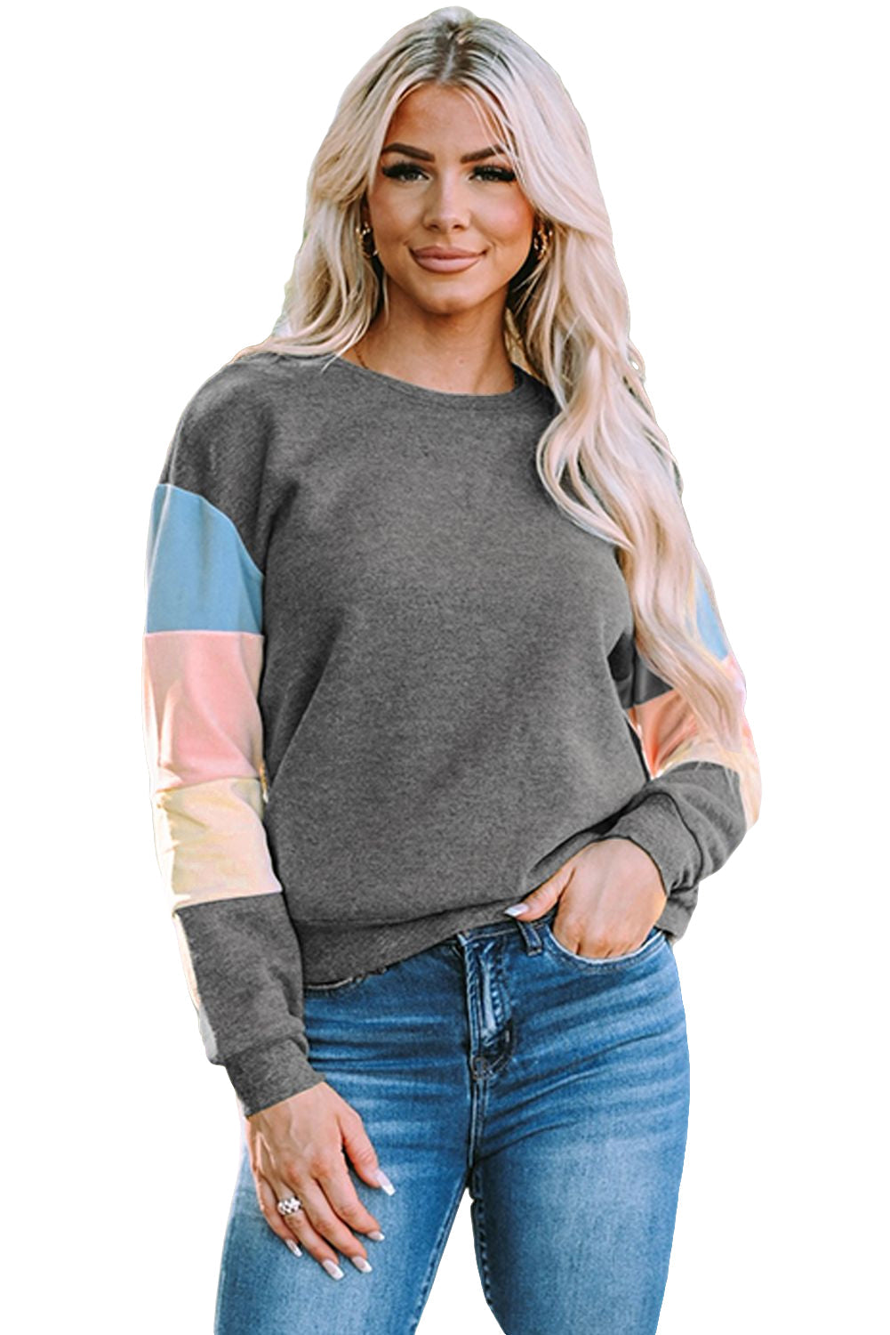 Blue Colorblock Long Sleeve Pullover Sweatshirt