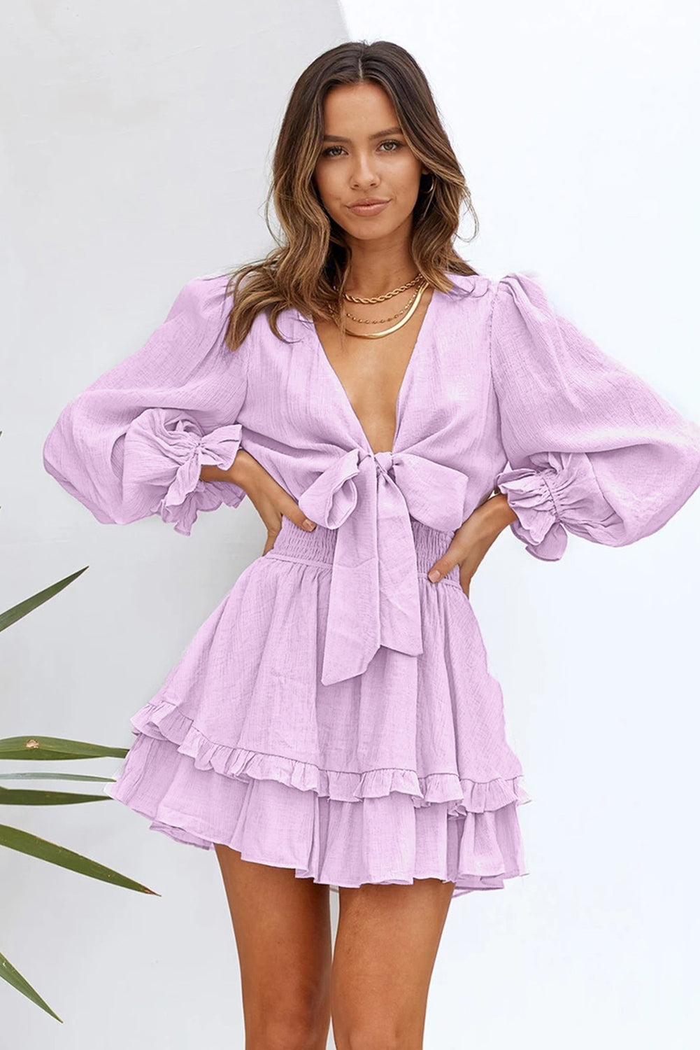 Amicgp V Neck Lantern Sleeve Knotted Tiered Mini Dress