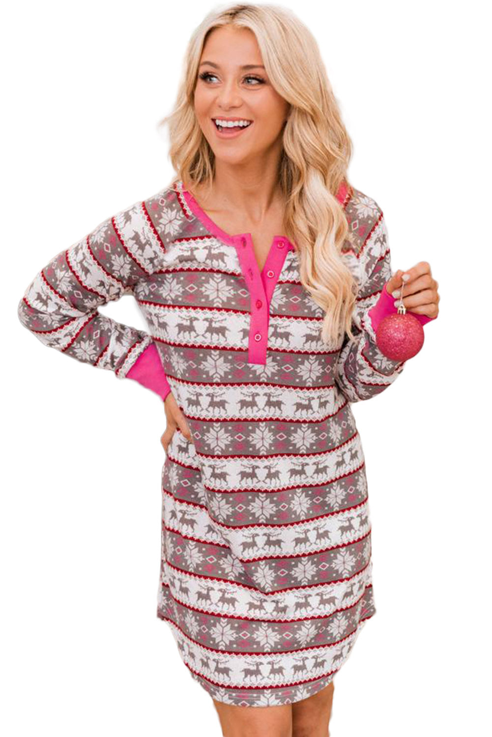 Rose Christmas Pattern Henley Pajama Dress