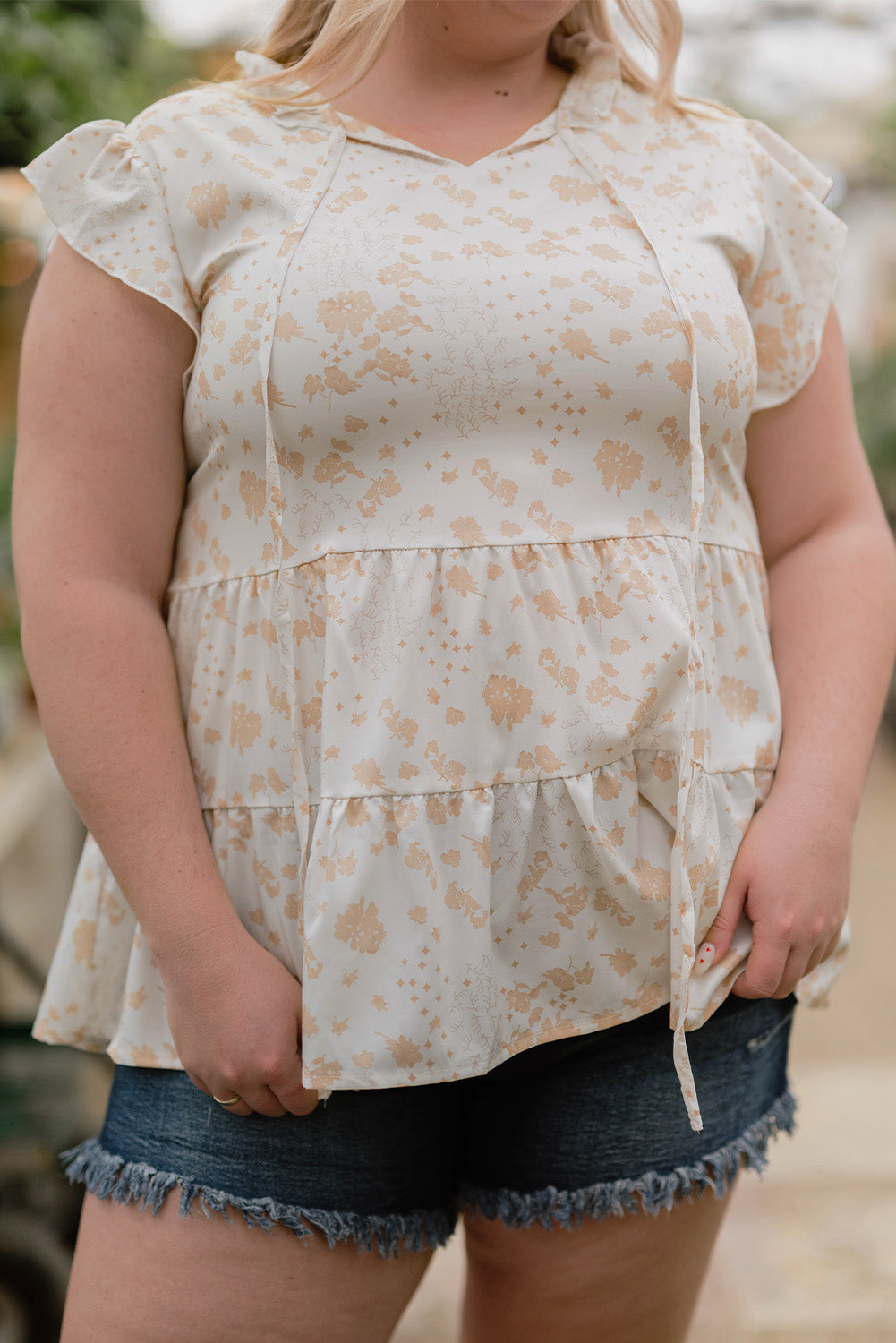 White Ruffled Floral Print Plus Size Top