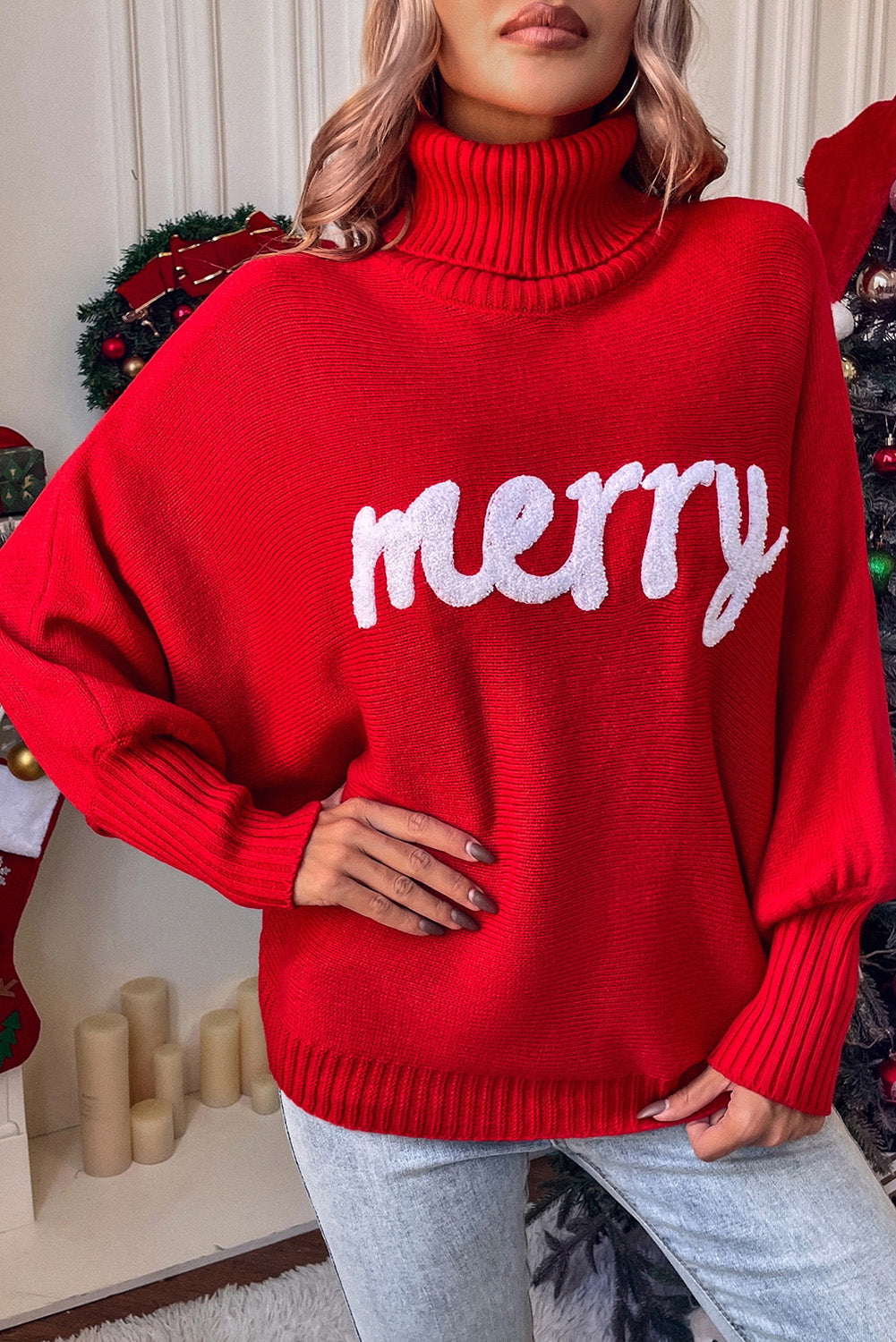 Rose Merry Letter Embroidered High Neck Sweater