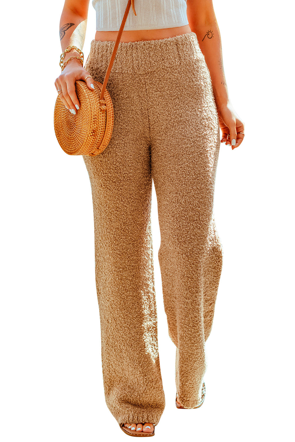 Khaki High Waist Plush Knitted Pants