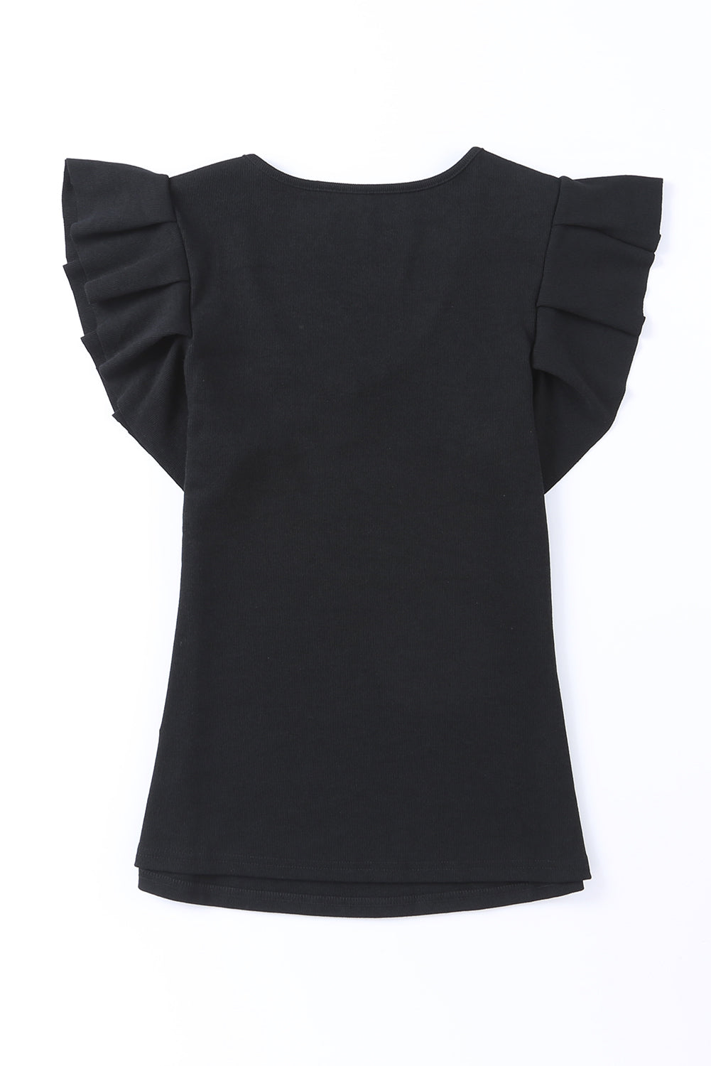Black Rib Knitted Ruffle Sleeve U Neck Top